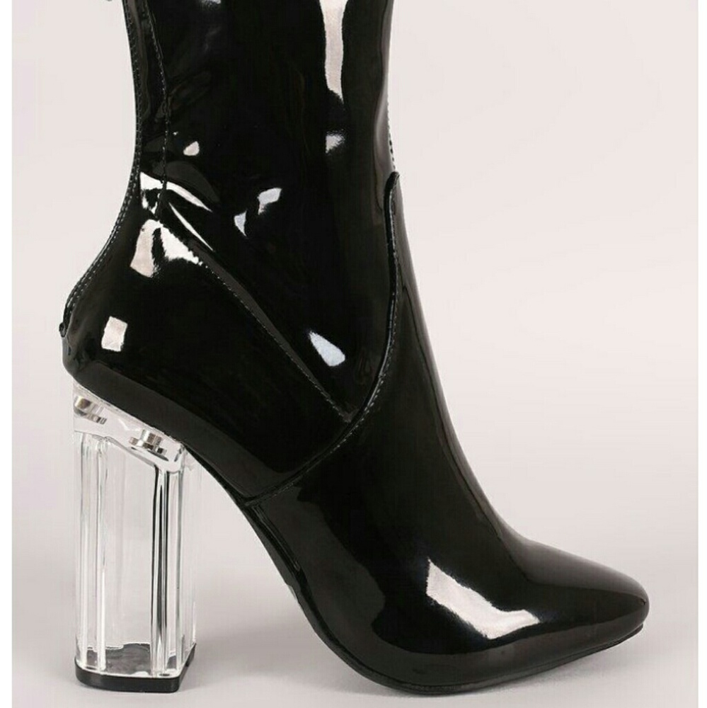 Liliana Black Patent Ankle Boots with Clear Block Heel